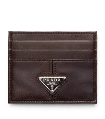 Prada Leather Triangle Card Holder In Brown