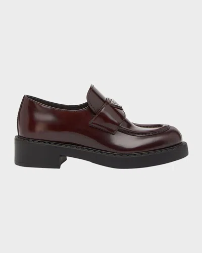 Prada Leather Triangle Logo Loafers In Cordovan