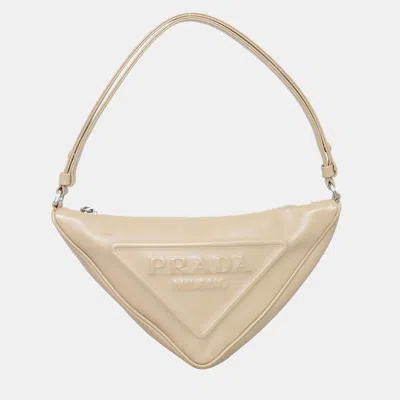 Pre-owned Prada Leather Triangle Pouch Bag In Beige