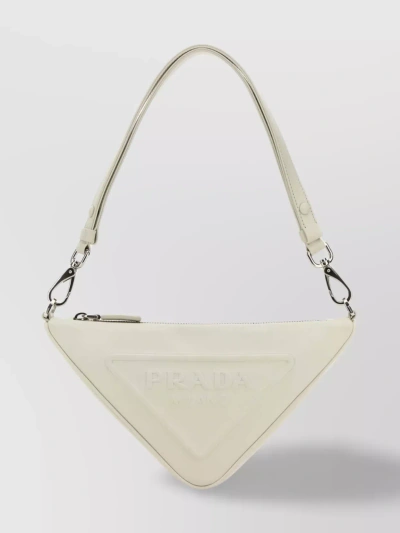 Prada Leather Triangle Shoulder Bag With Adjustable Strap And Metal Hardware In White