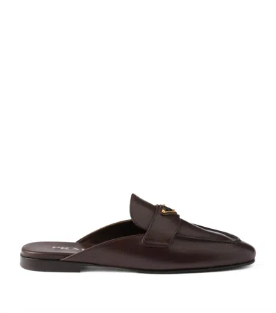 Prada Leather Triangle Slippers In Brown