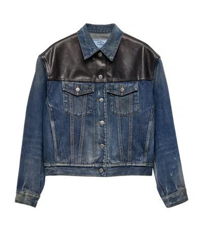 Prada Leather-trim Denim Jacket In Blue