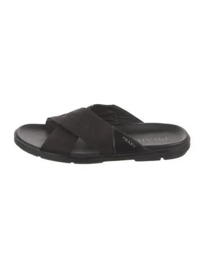 Pre-owned Prada Leather Trim Embellishment Slides In Black
