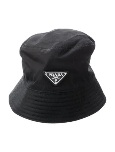 Pre-owned Prada Leather Trim Logo Bucket Hat In Black