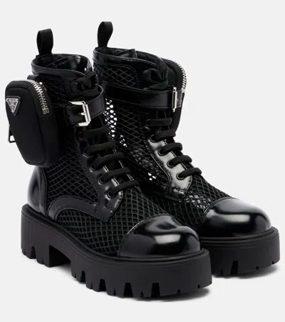 Prada Leather-trimmed Mesh Combat Boots In Black
