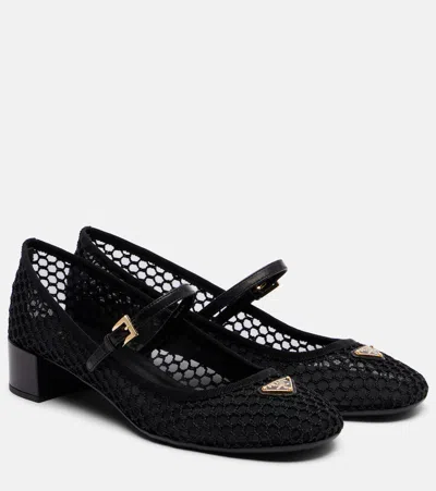 Prada Leather-trimmed Mesh Mary Jane Pumps In Black