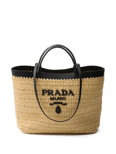Prada Leather-trimmed Woven Tote Bag In Nude