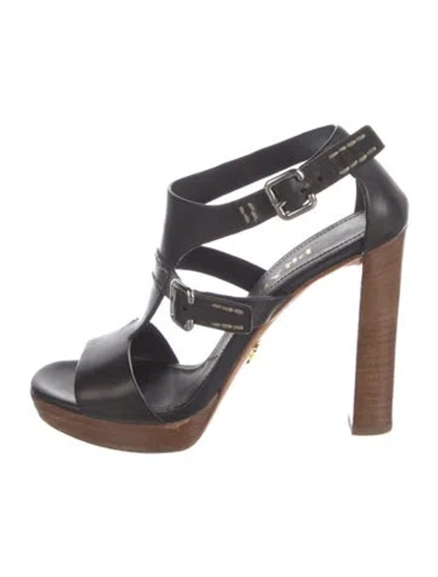 Pre-owned Prada Leather T-strap Sandals In Black