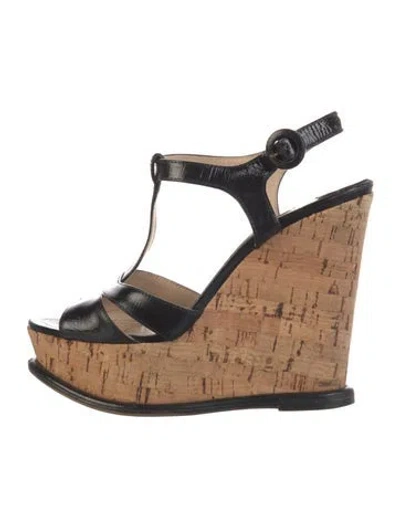 Pre-owned Prada Leather T-strap Sandals In Black