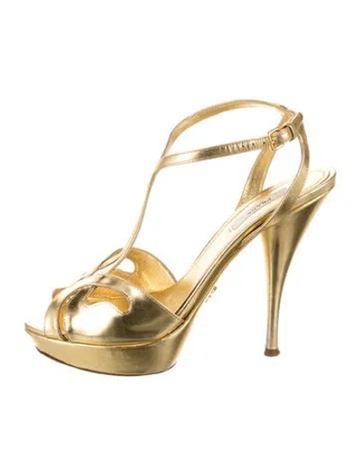 Pre-owned Prada Leather T-strap Sandals In Gold