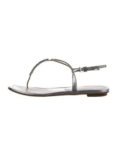 Pre-owned Prada Leather T-strap Sandals In Silver