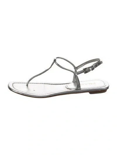 Pre-owned Prada Leather T-strap Sandals In Silver