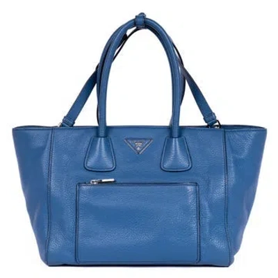 Pre-owned Prada Leather Twin Pockets Tote In Blue