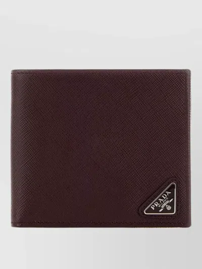 Prada Leather Wallet Bi Fold Textured Surface In Burgundy
