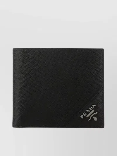 Prada Leather Wallet With Bi-fold Design And Textured Finish In Black