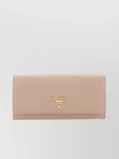 Prada Leather Wallet With Flap And Zip Pocket In Pink