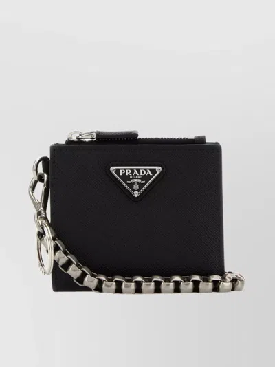Prada Leather Wallet With Keyring Attachment And Metal Chain