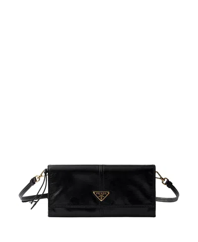 Prada Leather Wallet With Shoulder Strap In Black