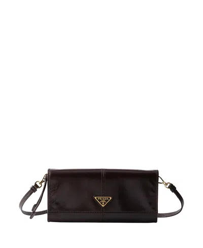 Prada Leather Wallet With Shoulder Strap In Black