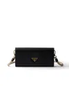 Prada Black Leather Wallet With Shoulder Strap In Purple