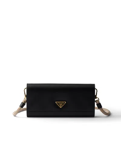 Prada Black Leather Wallet With Shoulder Strap In Purple