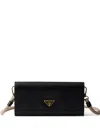 Prada Black Leather Wallet With Shoulder Strap In Purple