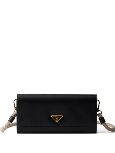 Prada Black Leather Wallet With Shoulder Strap In Purple