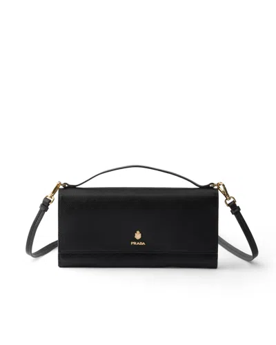 Prada Leather Wallet With Shoulder Strap In Black