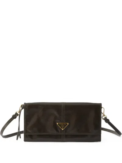 Prada Leather Wallet With Shoulder Strap In Brown