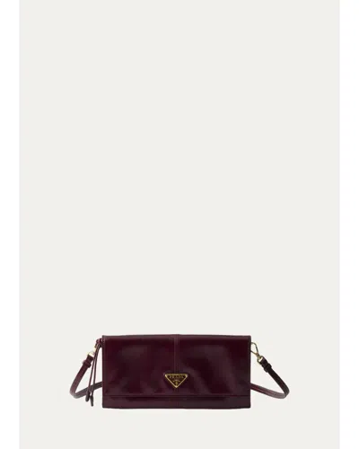 Prada Leather Wallet With Shoulder Strap In Brown