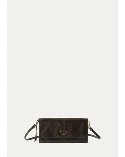 Prada Leather Wallet With Shoulder Strap In Brown