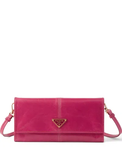 Prada Leather Wallet With Shoulder Strap In Pink
