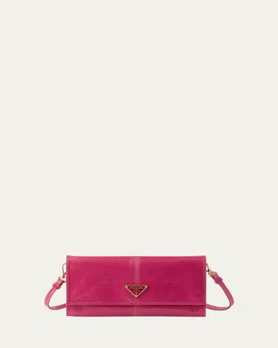 Prada Leather Wallet With Shoulder Strap In Pink