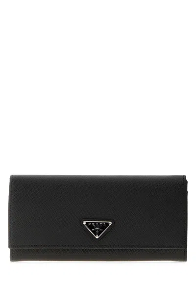 Prada Leather Wallet With Silver-tone Hardware 19 Cm X 9 Cm X 3 Cm In Black