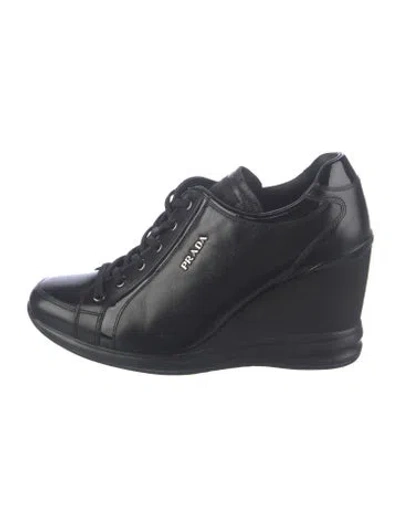 Pre-owned Prada Leather Wedge Sneakers In Black