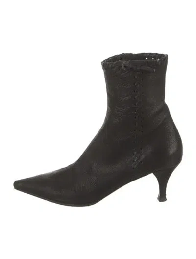 Pre-owned Prada Leather Whipstitch Trim Boots In Black