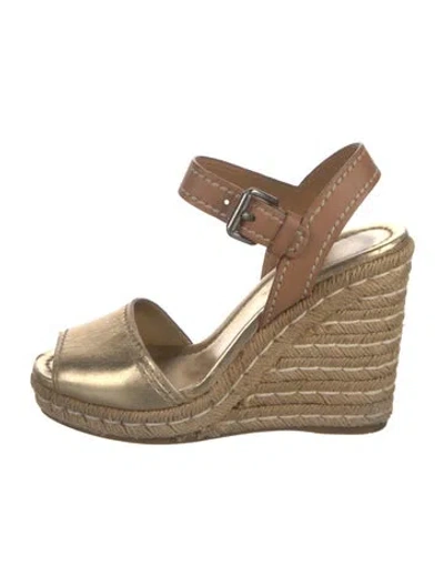 Pre-owned Prada Leather Whipstitch Trim Espadrilles In Gold