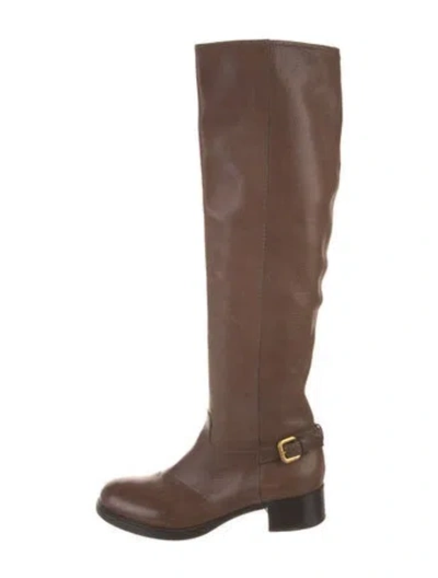 Pre-owned Prada Leather Whipstitch Trim Riding Boots In Brown