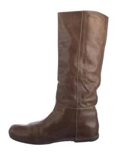 Pre-owned Prada Leather Whipstitch Trim Riding Boots In Brown