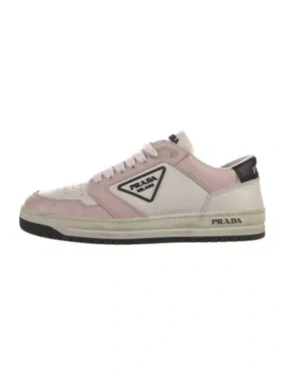 Pre-owned Prada Leather Whipstitch Trim Sneakers In White
