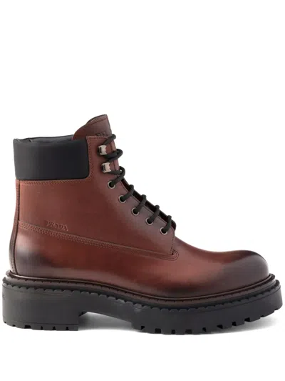 Prada Brown Calf Leather Boots With Modern Accents