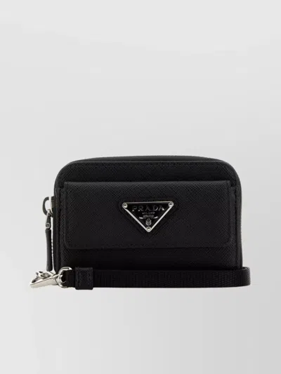 Prada Leather Wrist Strap Wallet With Front Pocket In Black