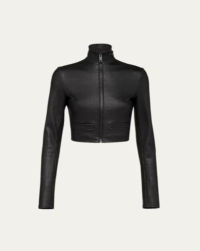 Prada Leather Zip Crop Jacket In Nero