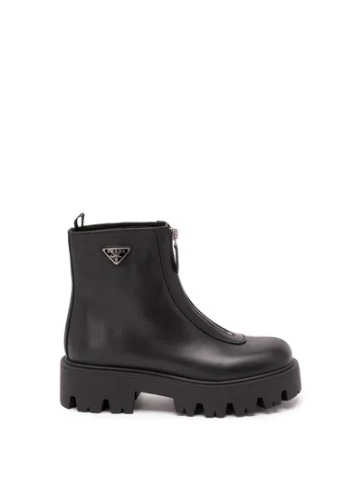 Prada Leather Zipper Booties In Black