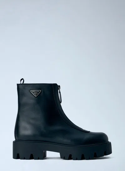Prada Leather Zipper Booties In Black