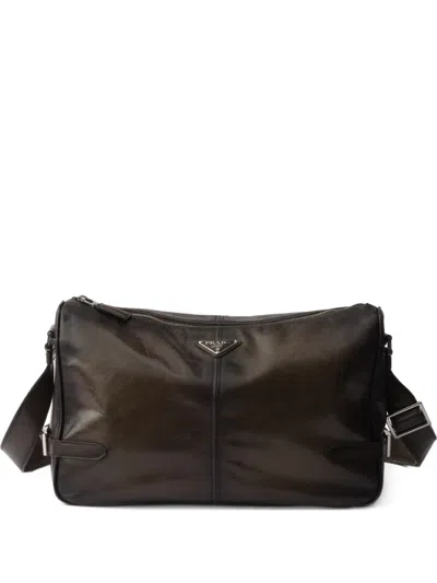 Prada Leather Zipper Messenger Bag In Brown