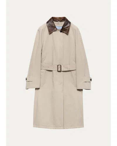 Prada Leather-trim Cotton Trench Coat In Neutral