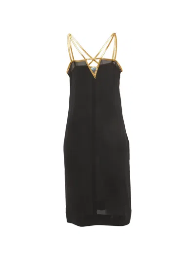 Pre-owned Prada Leather-trim Silk Mini Dress In Black