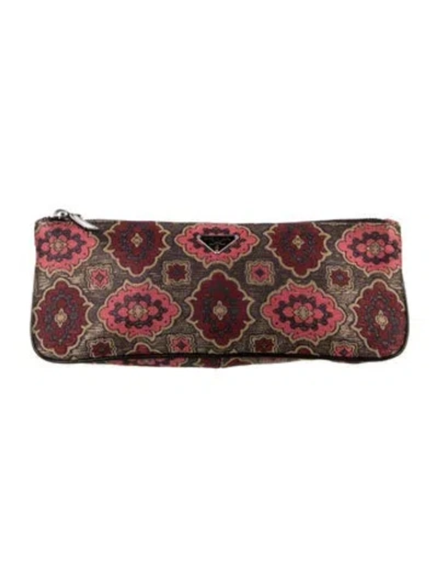 Pre-owned Prada Leather-trimmed Stampata Clutch In Burgundy