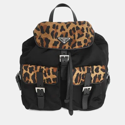 Pre-owned Prada Leopard Backpack Black/brown Nylon Leather